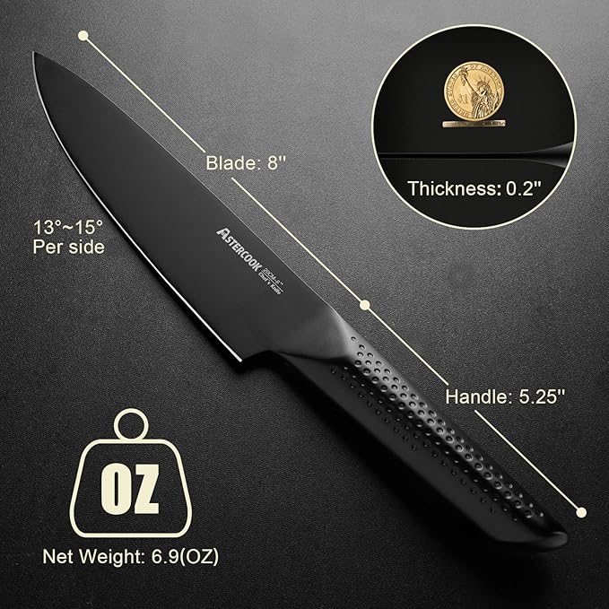 Astercook Chef Knife, 8 Inch Pro Kitchen Knife Dishwasher Safe, High Carbon German Stainless Steel Chef's Knives with Ergonomic Handle, Elegant Black, Best Gifts