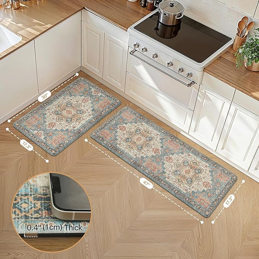 GENIMO Kitchen Mats for Floor 2PCs, Washable Anti Fatigue Mat for Cushioned, 17.3"x47"+17.3"x30", Waterproof Kitchen Rugs, Non Slip Comfort Standing Mat Rug for Home, Sink, Laundry, Blue&Salmon