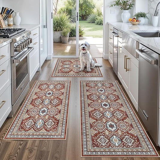Washable Non-Slip Kitchen Rugs Set of 3 – Boho Soft Mats and Runner for Bathroom, Entryway, Hallway Room – Stain-Resistant Low-Pile Indoor Carpet (Red, 2x3+2x4+2x5)