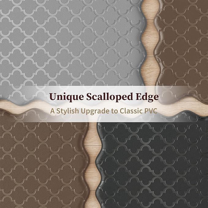 Arenarug Upgrade Scalloped Embossed Kitchen Mats for Floor 2PCS Cushioned Anti Fatigue Waterproof Foam Kitchen Rugs Non Slip Washable Comfort Standing Mat for Sink Laundry, 24"x39"+24"x59", Black