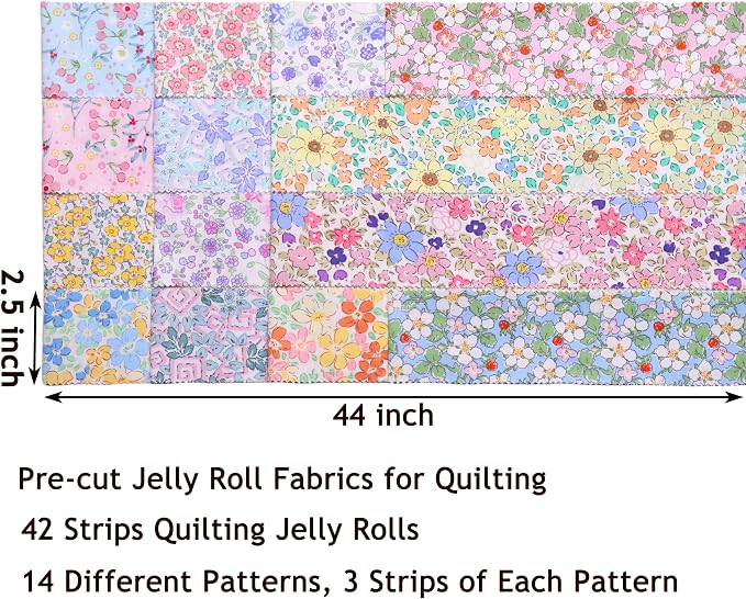 Nodsaw Jelly Roll Fabric Strips for Quilting, Crafting, and Sewing, 42 Strip Bundle, Soft Cotton for Blanket, Rug, Upholstery, Home Decor, and Purse Making, Spring Pastel Floral