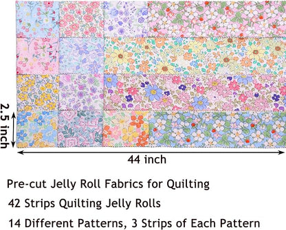 Nodsaw Jelly Roll Fabric Strips for Quilting, Crafting, and Sewing, 42 Strip Bundle, Soft Cotton for Blanket, Rug, Upholstery, Home Decor, and Purse Making, Spring Pastel Floral