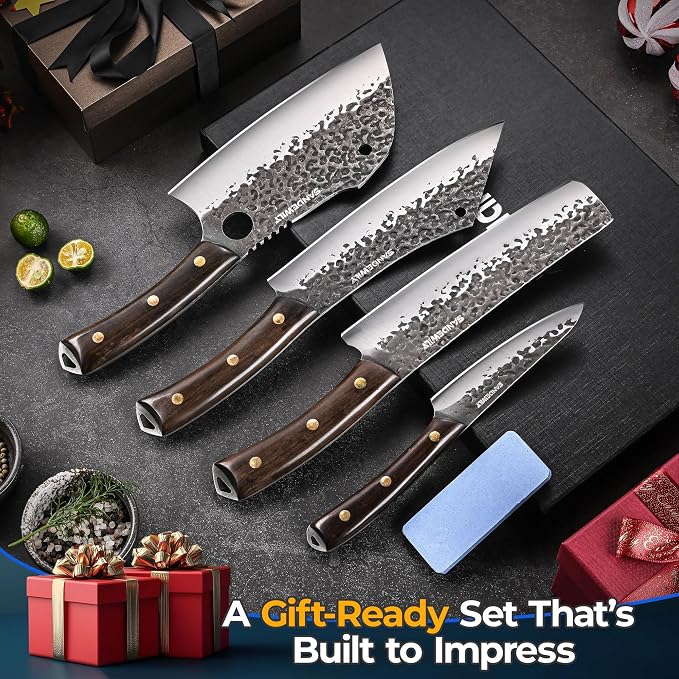 4-Piece Butcher Knife Set with 7” Cleaver, 8” Chef Knife, 8” Nakiri & 5” Utility Knife – Hand Forged Full Tang Kitchen Knives with Sharpening Stone for BBQ, Meat, Veggies & Outdoor Cooking
