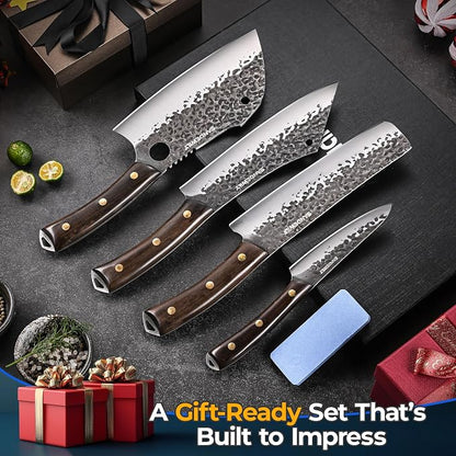 4-Piece Butcher Knife Set with 7” Cleaver, 8” Chef Knife, 8” Nakiri & 5” Utility Knife – Hand Forged Full Tang Kitchen Knives with Sharpening Stone for BBQ, Meat, Veggies & Outdoor Cooking