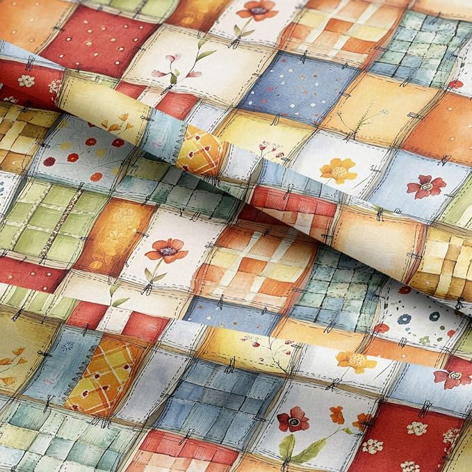 Patchwork Cotton Fabric Panel 61 x 36.6 Inches, Floral Quilt Style Squares, Soft Multicolor Design, 100% Cotton 140 GSM, Sewing Quilting Fabric