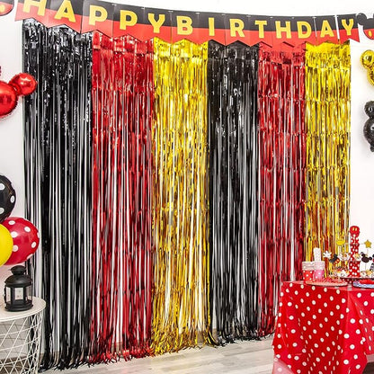 LOLStar 3 Pack Cartoon Mouse Birthday Party Supplies, 3.3x6.6 ft Black Red Gold Birthday Party Decorations Tinsel Foil Fringe Curtains Cute Mouse Photo Booth Props Metallic Backdrop Streamers for Boys