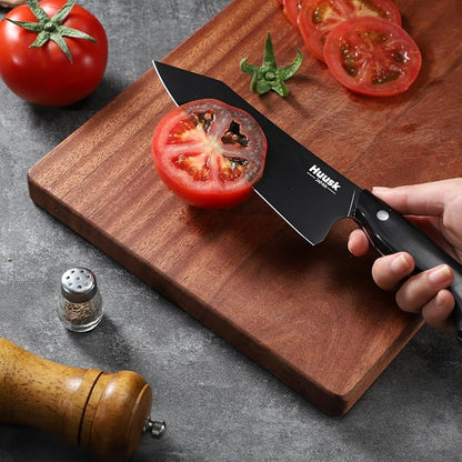Huusk Japanese Chef Knife Set for Kitchen - 3 pcs Black Kitchen Knife Set with Titanium Coating, Stainless Cutting Knives Sets, Professional Cooking Knives for Vegetable Fruit Meat, Christmas Gift Men