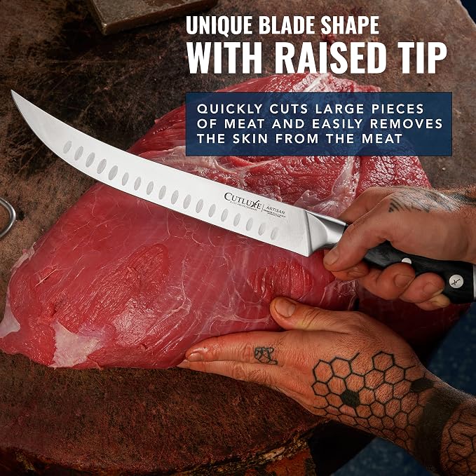 Cutluxe Butcher Knife – 10″ Cimeter Breaking Knife for BBQ & Brisket, Razor Sharp Forged German Steel, Full Tang Meat Carving Knife, Pakkawood Handle, Grilling Gifts for Men – Artisan Series