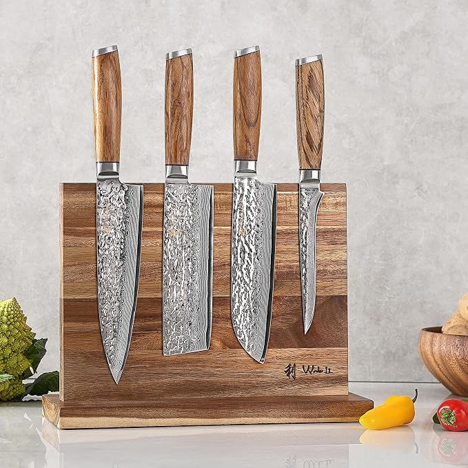 Wakoli 4-Piece Damascus Knife Block Set, VG10 Core 67-Layer Damascus Steel Kitchen Knives with Magnetic Acacia Wood Block, Ergonomic Zebrawood Handles, Hand Wash Only