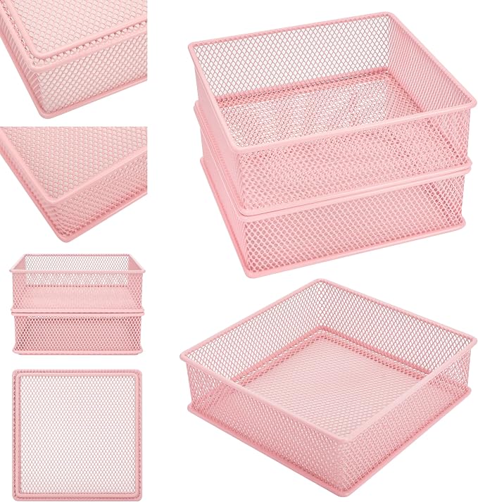 Annova Mesh Stackable Drawer Cabinet and Shelf Organizer Bins Storage Basket School Office Supply Holder Tray- Set of 2 (Light Pink, 6x6x2 Inch)