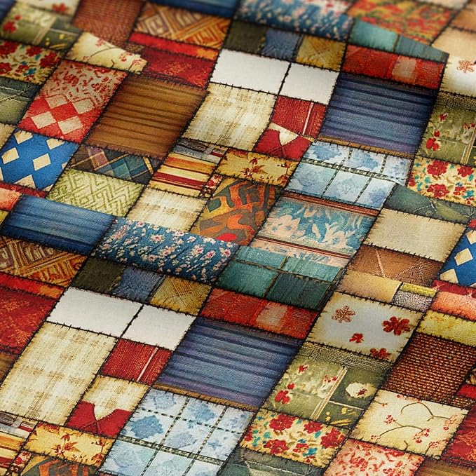 Patchwork Cotton Fabric Panel 61 x 36.6 Inches, Vintage Rustic Quilt Squares Design, 100% Cotton 140 GSM, Sewing Quilting Craft Fabric