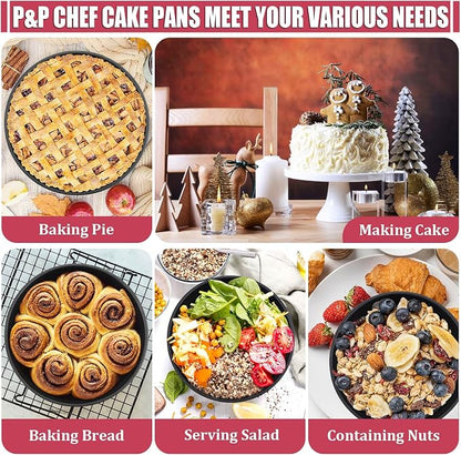 P&P CHEF 8 Inch Cake Pan, Nonstick Round Baking Layer Cake Pans Tins Set for Birthday Wedding, 2.94-Inch Deep Side & One-piece Design, Stainless Steel Core & Easy Clean, Black 4Pcs