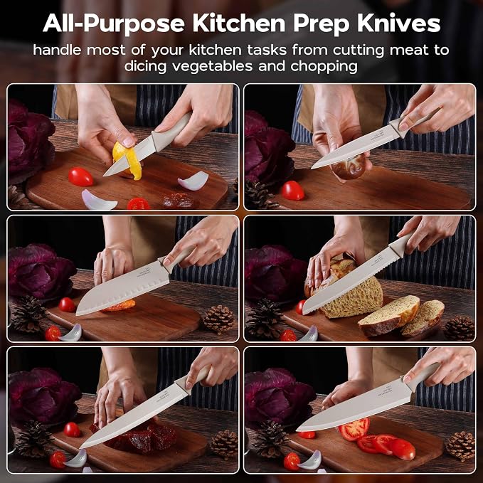 Onader 12 Pieces Khaki Knife Set for Kitchen, Sharp Stainless Steel Cooking Knife Set with Sheath Covers