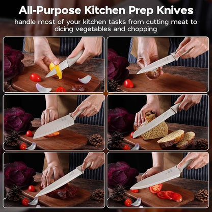 Onader 12 Pieces Khaki Knife Set for Kitchen, Sharp Stainless Steel Cooking Knife Set with Sheath Covers