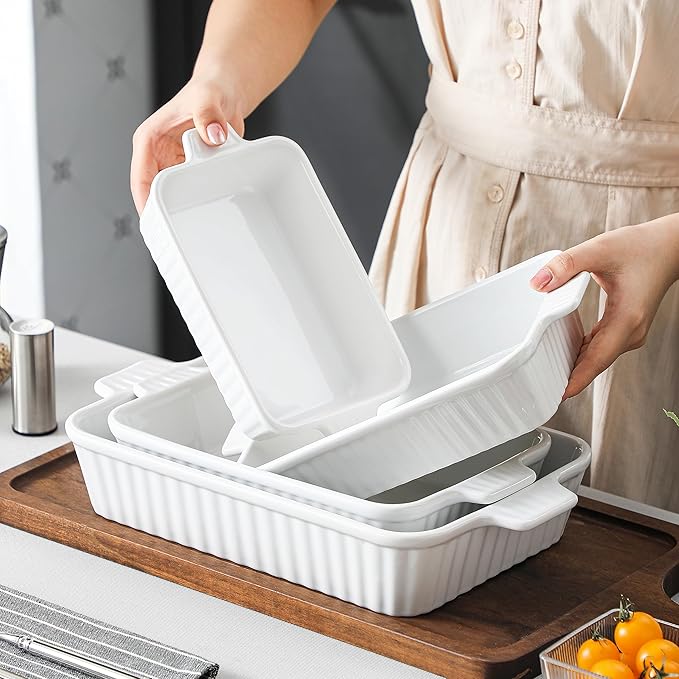 MALACASA Casserole Dishes for Oven, Porcelain Baking Dishes, Ceramic Bakeware Sets of 4, Rectangular Lasagna Pans Deep with Handles for Baking Cake Kitchen, White (9.4"/11.1"/12.2"/14.7"), Series