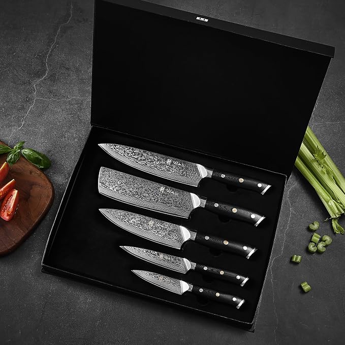 Wakoli Elite Cuisine Knife Block Set – 5-Piece Professional Damascus Kitchen Knife Set with Magnetic Block, G10 Handles & VG10 Core in Elegant Gift Box