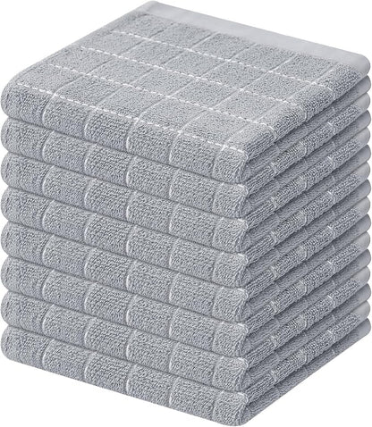 Mordimy 100% Cotton Terry Cloth Dish Cloths, Soft and Absorbent Checkered Dish Towels, Quick Drying Dish Rags for Washing Dishes, 8 Pack, 12 x 12 Inches, Light Grey