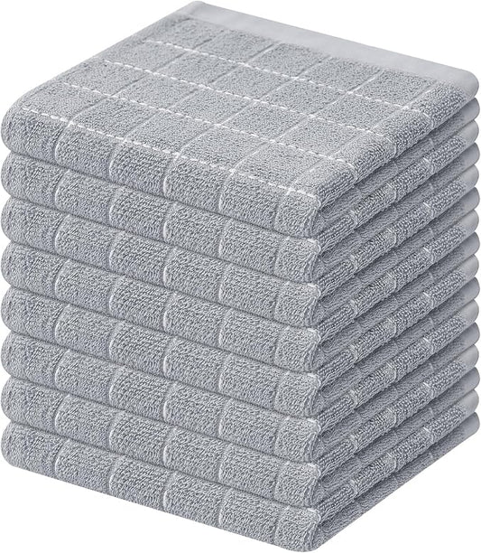 Mordimy 100% Cotton Terry Cloth Dish Cloths, Soft and Absorbent Checkered Dish Towels, Quick Drying Dish Rags for Washing Dishes, 8 Pack, 12 x 12 Inches, Light Grey
