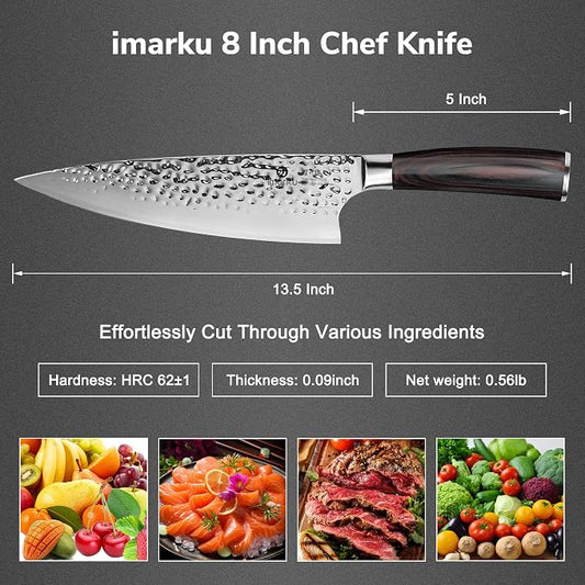 imarku 8 Inch Chef Knife, Hand-Hammered Japanese Kitchen Knife, High Carbon Steel Chef's Knife with Powder Steel Edge, Ultra Sharp Cooking Knife with Ergonomic Handle for Professional & Home Chefs