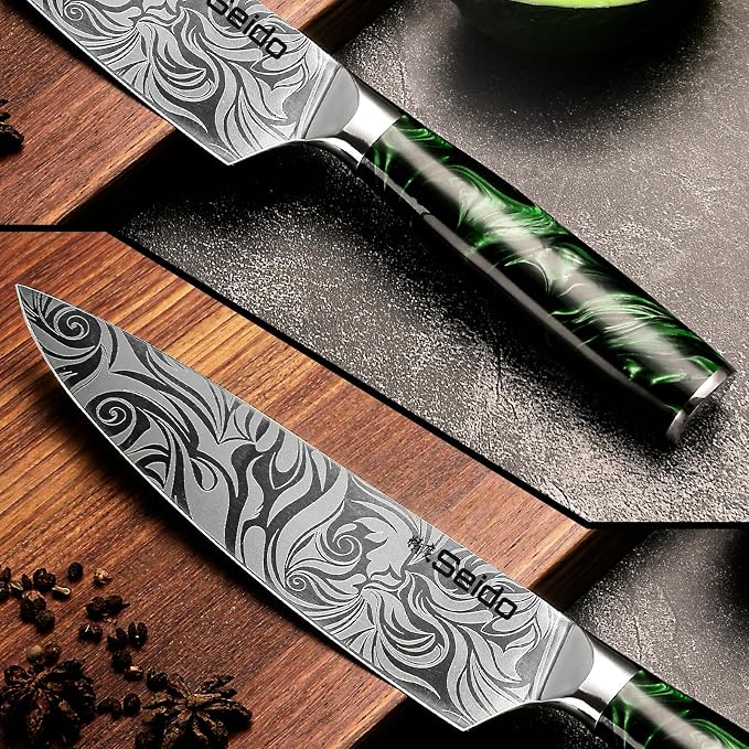 Seido Knives Tengoku Green 8-Piece Chef Knife Set – High-Carbon Stainless Steel Japanese Kitchen Knives, Professional Balanced Knife Set
