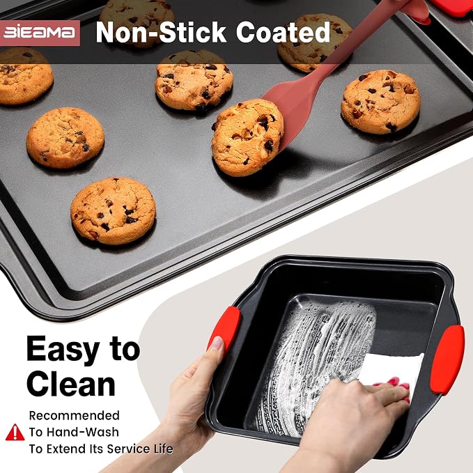 BIEAMA 13-Piece Baking Pans Sets, Nonstick Bakeware Sets, BPA-Free Carbon Steel Stackable, Cookie Sheet, Cake, Loaf, Pizza & Muffin Pan, Grey
