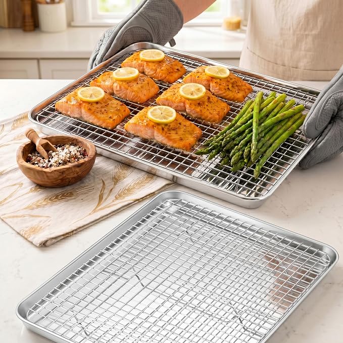 Homikit Baking Half Sheet with Rack Set (2 Pans+2 Racks), 18" x 13" Stainless Steel Cookie Sheets Pan with Wire Cooling Racks for Baking, Nonstick Large Bacon Crisp Trays for Oven, Non Toxic