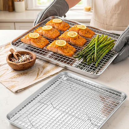 Homikit Jelly Roll Pan with Cooling Rack Set (2 Pans+2 Racks), 16" x 12" Stainless Steel Baking Sheet Tray with Wire Grid Rack, Cookie Bacon Pan for Oven Cook Roast, Rust Proof & Nonstick