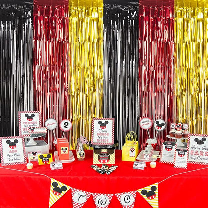 LOLStar 3 Pack Cartoon Mouse Birthday Party Supplies, 3.3x6.6 ft Black Red Gold Birthday Party Decorations Tinsel Foil Fringe Curtains Cute Mouse Photo Booth Props Metallic Backdrop Streamers for Boys