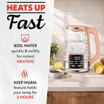 Gourmia Electric Glass Kettle – 1.7L Programmable Tea & Coffee Brewer with Digital Touch Display, 6 Presets, Removable Stainless Steel Infuser, Cordless with 360° Swivel Base, Peach