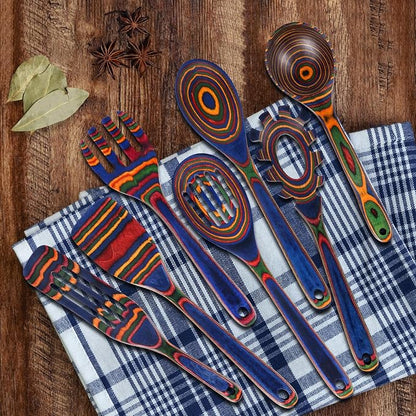 MYRAINBOW Wooden Spoons for Cooking – 7 Piece Pakkawood Kitchen Utensils Set with Spatulas, Spoons, Ladles, and Turner for Mixing, Serving & Cooking
