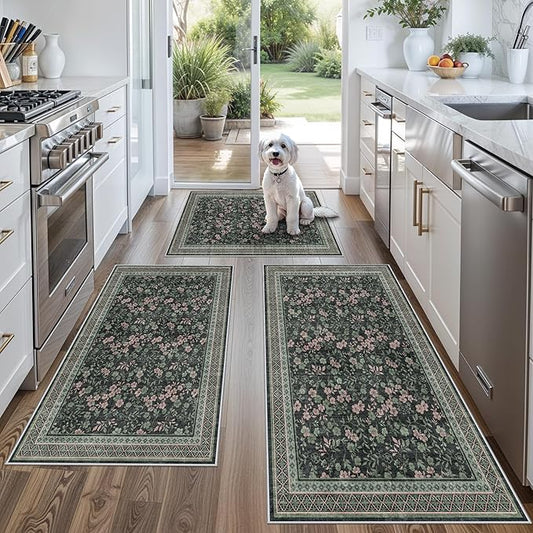 Kitchen Rugs 3 Piece Set, Washable Non-Slip Farmhouse Kitchen Mats for Hardwood Floor, Rustic Floral Boho Runner Rug for Sink,Entryway & Hallway & Bathroom (Dark/Green/Floral,2x3-2x4-2x5)