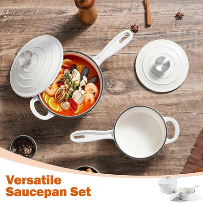 Homikit 1 QT & 2 QT Saucepan Set, Enameled Cast Iron Saucepan with Lid for All Cooktops, Small Pot Mini Dutch Oven for Kitchen Cooking, Boiling, Nonstick & Heavy Duty, White