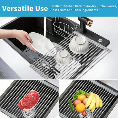 Expandable Roll-UP Dish Drying Rack-Large 304 Stainless Steel Dish Drainer Over The Sink for Kitchen Countertop,Extendable & Rollable & Food Grade (Silver,22.08'x 13.2')