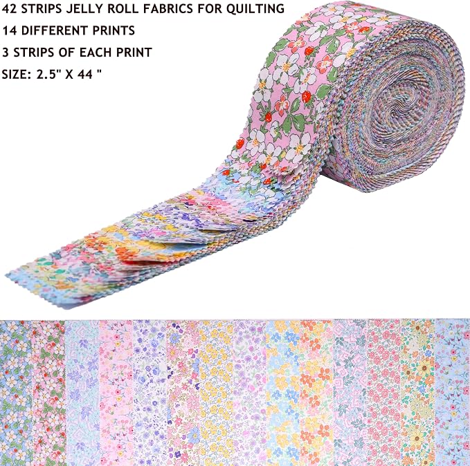 Nodsaw Jelly Roll Fabric Strips for Quilting, Crafting, and Sewing, 42 Strip Bundle, Soft Cotton for Blanket, Rug, Upholstery, Home Decor, and Purse Making, Spring Pastel Floral