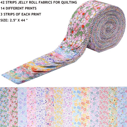Nodsaw Jelly Roll Fabric Strips for Quilting, Crafting, and Sewing, 42 Strip Bundle, Soft Cotton for Blanket, Rug, Upholstery, Home Decor, and Purse Making, Spring Pastel Floral