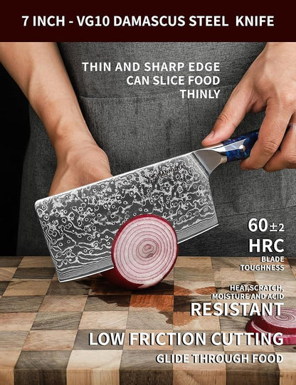 Chinese Chef Knife - 7" Cleaver Knife- Xuan Series - VG10 Damascus Steel Kitchen Knife - Resin Handle (Sapphire Blue)