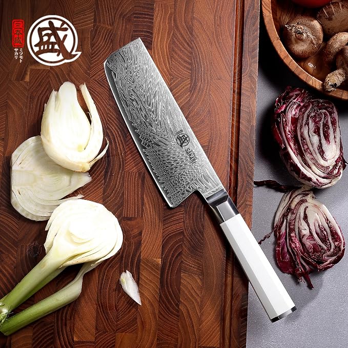 MITSUMOTO SAKARI 6.5-Inch VG-Pro Damascus Nakiri Knife, Hand Forged Professional Japanese Chef Knife, Ergonomic G10 Handle & Sandalwood Box
