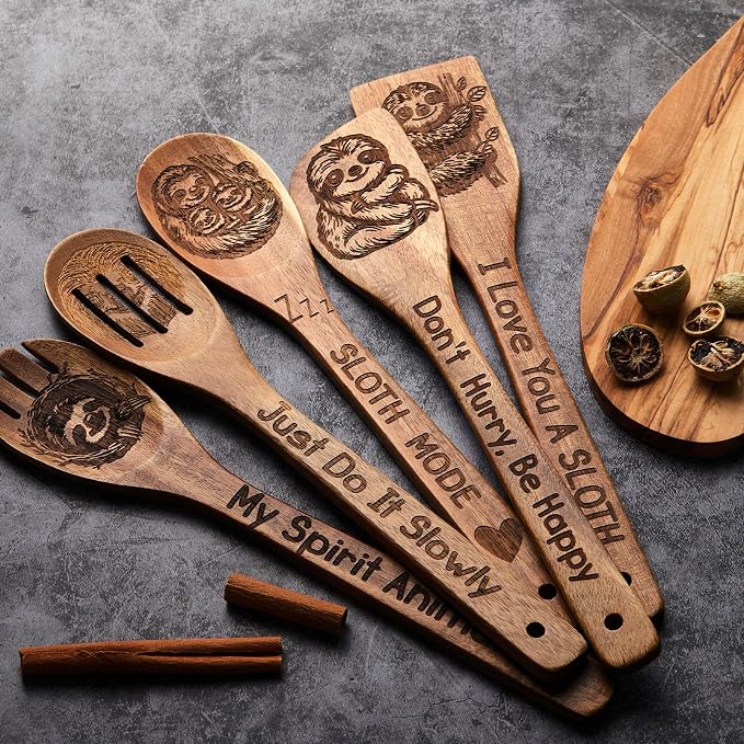 Remerry 6 Pcs Sloth Gifts for Women Sloths Kitchen Gift Set with Acacia Cooking Spoons Apron Christmas Kitchen Cooking Utensils Set for Christmas Mother's Day Housewarming Gift