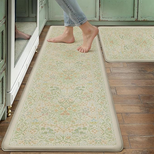 Kitchen Mats for Floor Thick Anti Fatigue Waterproof Vintage Spring Floral Kitchen Rugs 2PCS Cushioned Non Slip Green Comfort Standing Mats for Sink Laundry Office 17.3"×59"+17.3"×30"