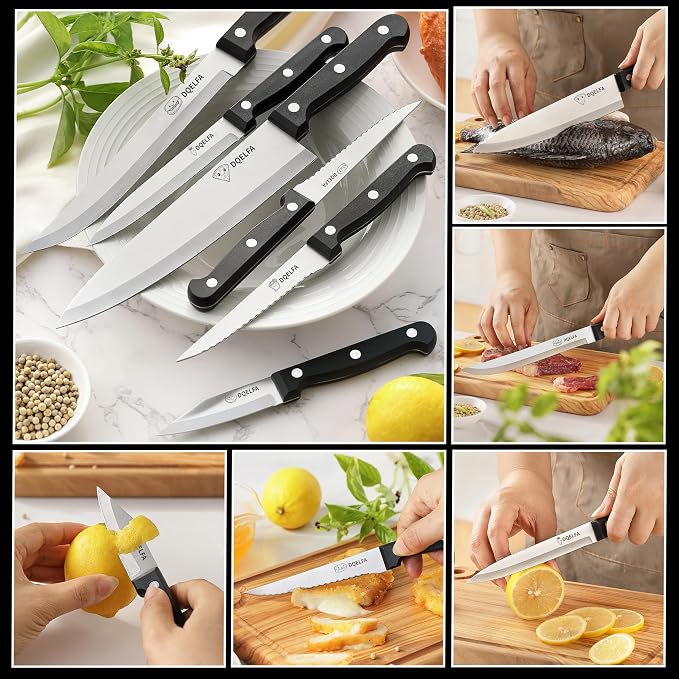 6 Piece Kitchen Knife Set, Stainless Steel Knife Set With Ergonomic Handle, Rustproof, Dishwasher Safe (Black, Fun Food Icons)