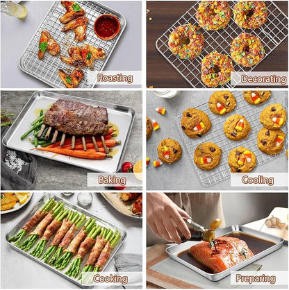 P&P CHEF 12.5 + 9 Inch Toaster Oven Pan with Rack Set, Stainless Steel Baking Pan Tray and Grid Cooling Rack for Cooking/Roasting, Dishwasher Safe & Easy to Clean, Non-toxic & Sturdy, (4Pcs)