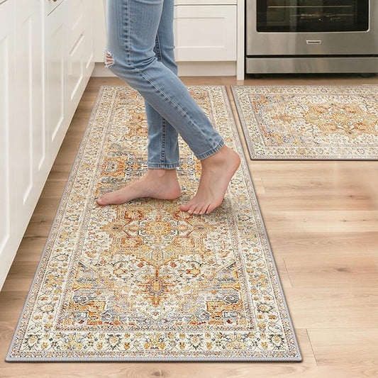 GENIMO Kitchen Rugs Non Slip Washable, 2PCS Kitchen Mats for Floor, Cushioned Standing Mat, Kitchen Runner Rug Floor Mat for Kitchen Decor, Laundry, Sink, Home, 20"x32"+20"x48", Orange&Brown