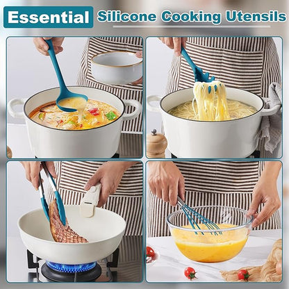 LIANYU 14 Pcs Cooking Utensils Set with Holder, Heat Resistant Silicone Kitchen Cookware Utensils Set, Kitchen Cooking Tools Includes Spatula Spoon Turner Whisk Tong, Dishwasher safe, Dark Blue