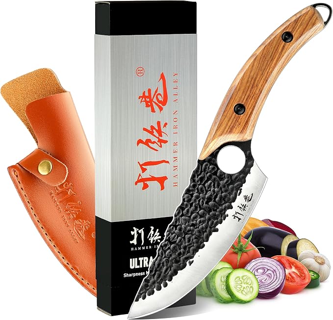 HAMMER IRON ALLEY Japanese Chef Knife, HIA 5.7 inch Sharp Kitchen Knife with Sheath, Hand Forged Butcher Viking Cleaver Knife for Meat Cutting, Home, Camping, BBQ, Black