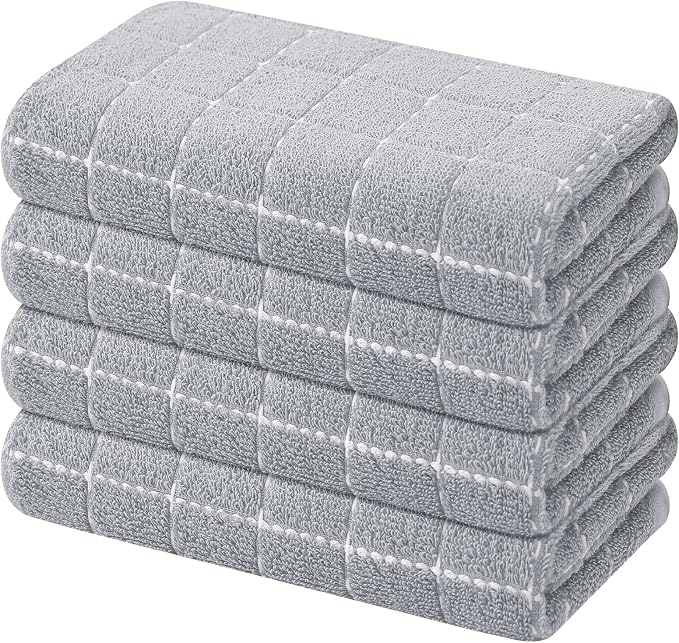 Mordimy 100% Cotton Terry Cloth Kitchen Towels, Super Soft and Absorbent Dish Towels for Drying, Checkered Designed Hand Towels for Kitchen, 16 x 26 Inches, 4 Pack, Light Grey