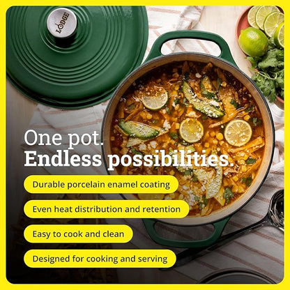 Lodge Essential Enamel Cast Iron Dutch Oven 6 Quarts - Perfect for Bread Baking, Braising, Marinating & Slow Cooking, Features Moisture-Sealing Lid & Dual Handles, Kitchen Essentials, Evergreen