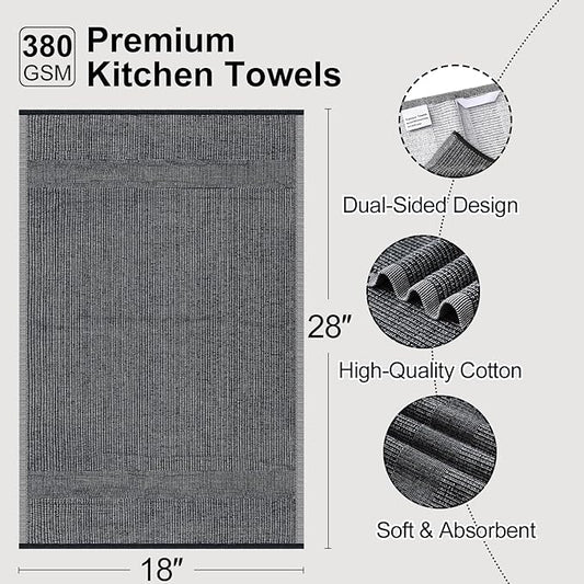 Mordimy Premium Kitchen Towels 6 Pack (18 x 28 Inches, Navy Blue/Grey/Black), Large Cotton Flat & Terry Kitchen Hand Towel, Super Absorbent Tea Dishtowels Set with Hanging Loop
