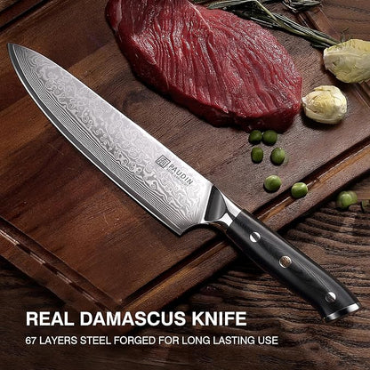 PAUDIN Damascus Chef Knife, 8 Inch Kitchen Knife, 67 Layers Damascus Steel Knife Japanese VG10 Core, Non-slip Ultra Sharp Chefs Knife with Ergonomic G10 Handle
