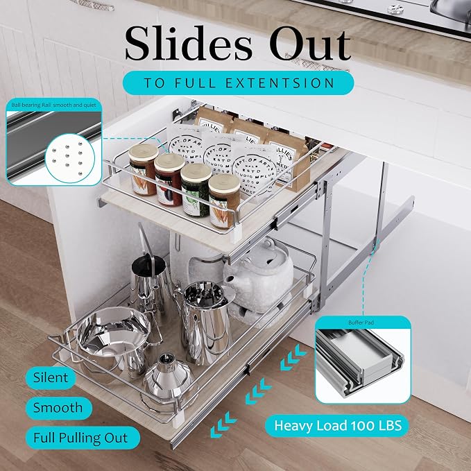 2 Tier Pull Out Cabinet Organizer 18" W X 22" D, Slide Out Drawers For Kitchen Cabinets, Pull Out Drawers For Cabinets Capacity Heavy Duty Caddy, Cabinet Pullout Shelves Wood Chrome, Pantry Storage