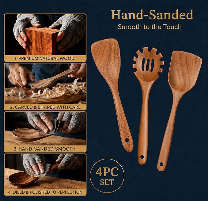 Extra-Large 4-Piece Teak Wooden Utensil Set – Non-Stick Wooden Spatula for Cooking, Skimmer Spoon & Spaghetti Spoon – Non Toxic Cooking Utensils